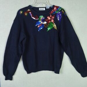 Vintage 80s 90s Sequin Beaded Floral Wool Blend Sweater Black Grandma Core L